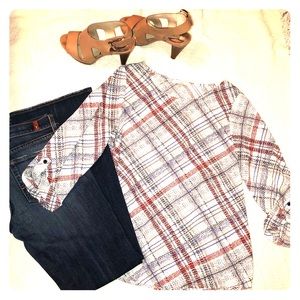 Silk and Rayon “skies are Blue” 3/4 sleeve blouse